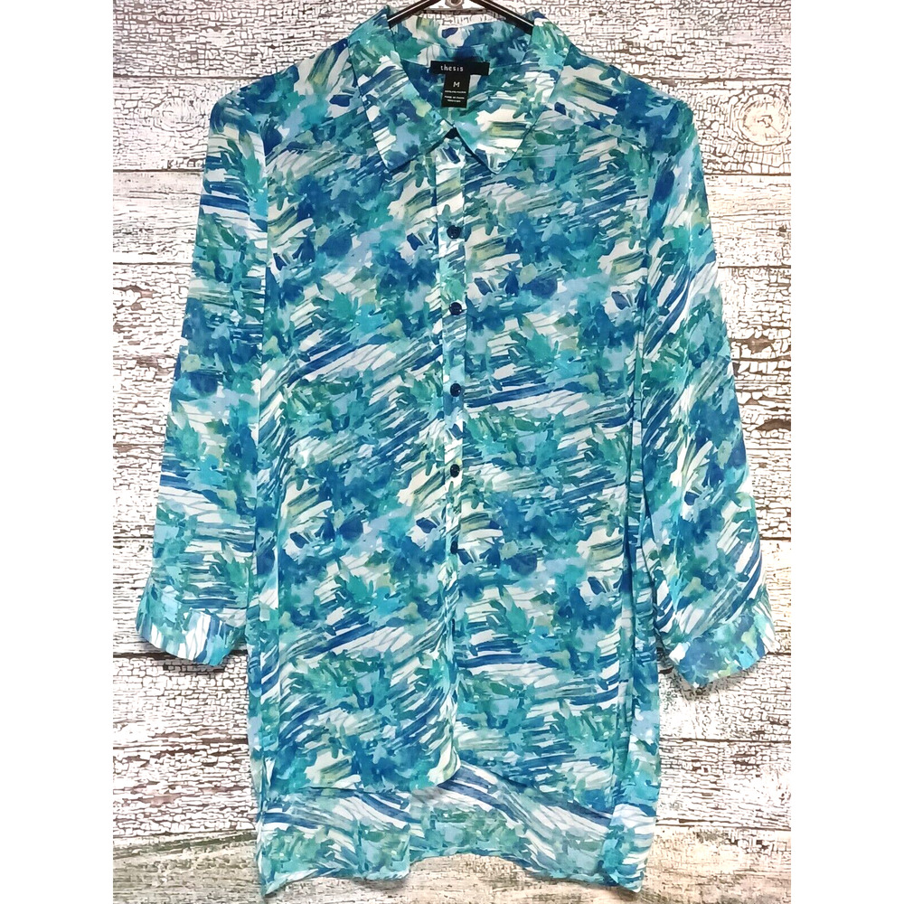 Women's Floral Sheer Shirt Thesis Medium Blue Green Floral 3/4 sleeve